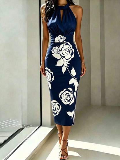 Franclia Women's Summer Halter Neck Sleeveless Floral Print Satin Dress, Gold Glossy Fabric Elegant Dress, Suitable For Beach, Vacation, Party, Graduation, Bridesmaid, Evening, Casual, Commuting, Busi