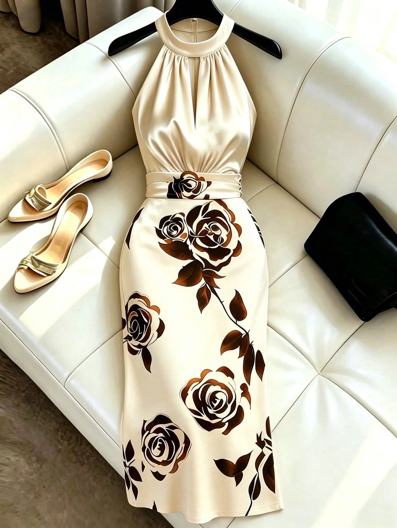 Franclia Women's Summer Halter Neck Sleeveless Floral Print Satin Dress, Gold Glossy Fabric Elegant Dress, Suitable For Beach, Vacation, Party, Graduation, Bridesmaid, Evening, Casual, Commuting, Busi