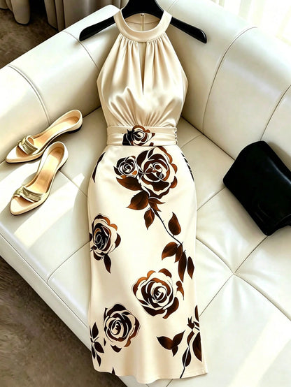 Franclia Women's Summer Halter Neck Sleeveless Floral Print Satin Dress, Gold Glossy Fabric Elegant Dress, Suitable For Beach, Vacation, Party, Graduation, Bridesmaid, Evening, Casual, Commuting, Busi