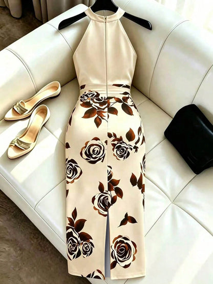 Franclia Women's Summer Halter Neck Sleeveless Floral Print Satin Dress, Gold Glossy Fabric Elegant Dress, Suitable For Beach, Vacation, Party, Graduation, Bridesmaid, Evening, Casual, Commuting, Busi