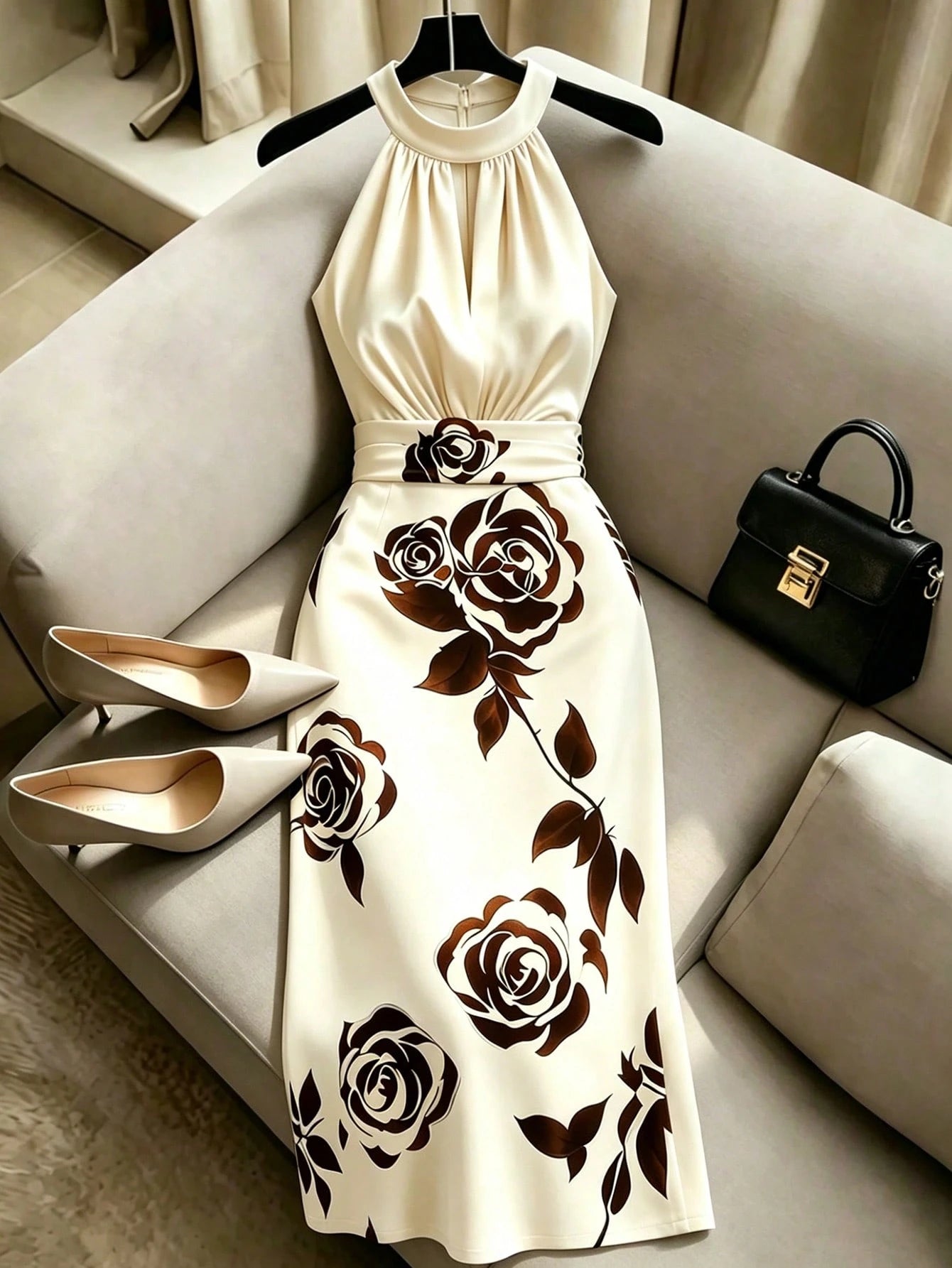 Franclia Women's Summer Halter Neck Sleeveless Floral Print Satin Dress, Gold Glossy Fabric Elegant Dress, Suitable For Beach, Vacation, Party, Graduation, Bridesmaid, Evening, Casual, Commuting, Busi