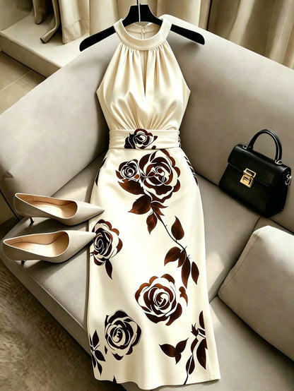 Franclia Women's Summer Halter Neck Sleeveless Floral Print Satin Dress, Gold Glossy Fabric Elegant Dress, Suitable For Beach, Vacation, Party, Graduation, Bridesmaid, Evening, Casual, Commuting, Busi