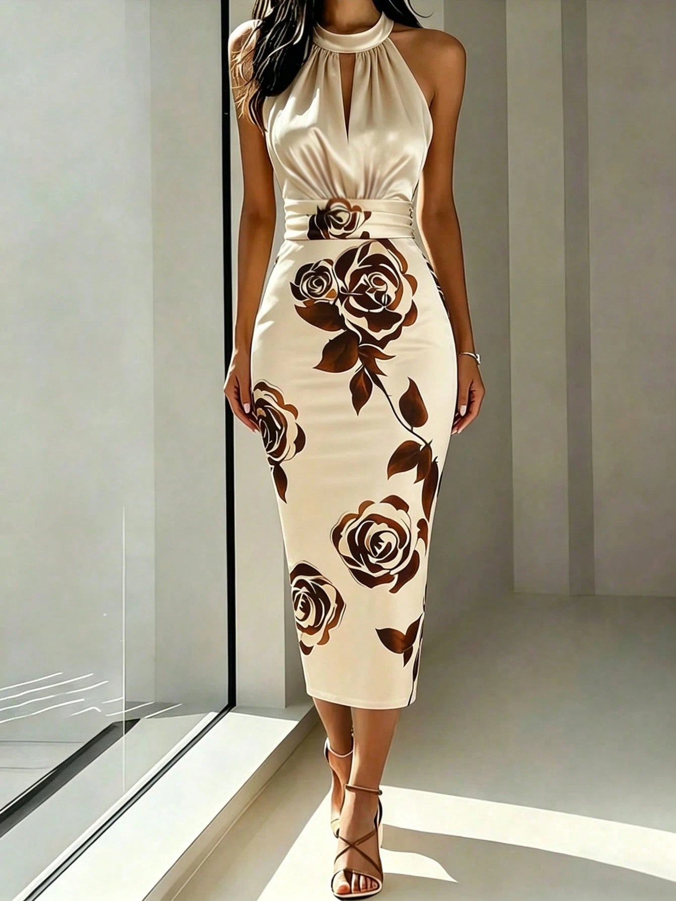Franclia Women's Summer Halter Neck Sleeveless Floral Print Satin Dress, Gold Glossy Fabric Elegant Dress, Suitable For Beach, Vacation, Party, Graduation, Bridesmaid, Evening, Casual, Commuting, Busi