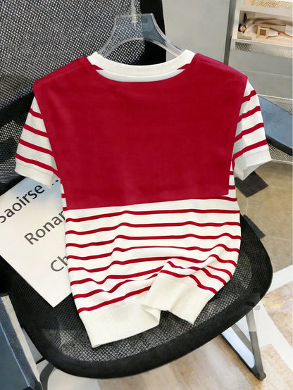 Franclia Women's Summer Red And White Stripe Ribbed T-Shirt + Scarf 2-Piece Set,Vintage Americana School Style French Casual Retro Textured Patchwork Top