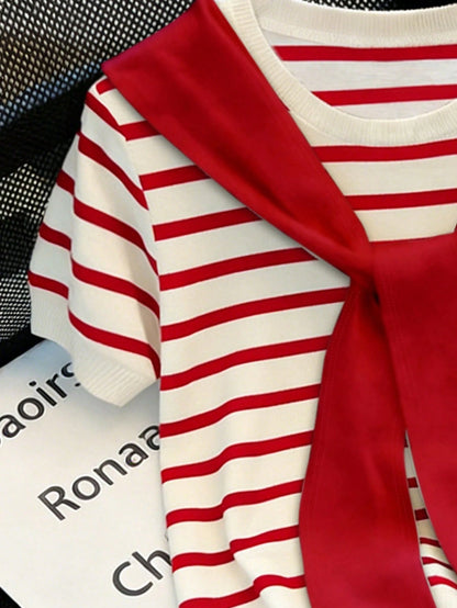 Franclia Women's Summer Red And White Stripe Ribbed T-Shirt + Scarf 2-Piece Set,Vintage Americana School Style French Casual Retro Textured Patchwork Top