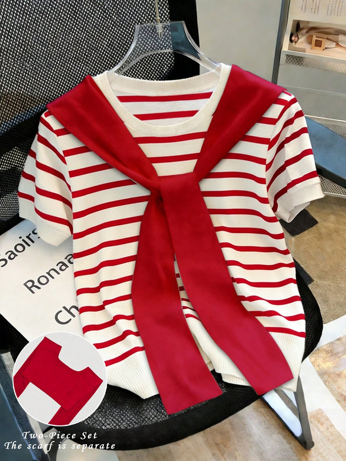 Franclia Women's Summer Red And White Stripe Ribbed T-Shirt + Scarf 2-Piece Set,Vintage Americana School Style French Casual Retro Textured Patchwork Top