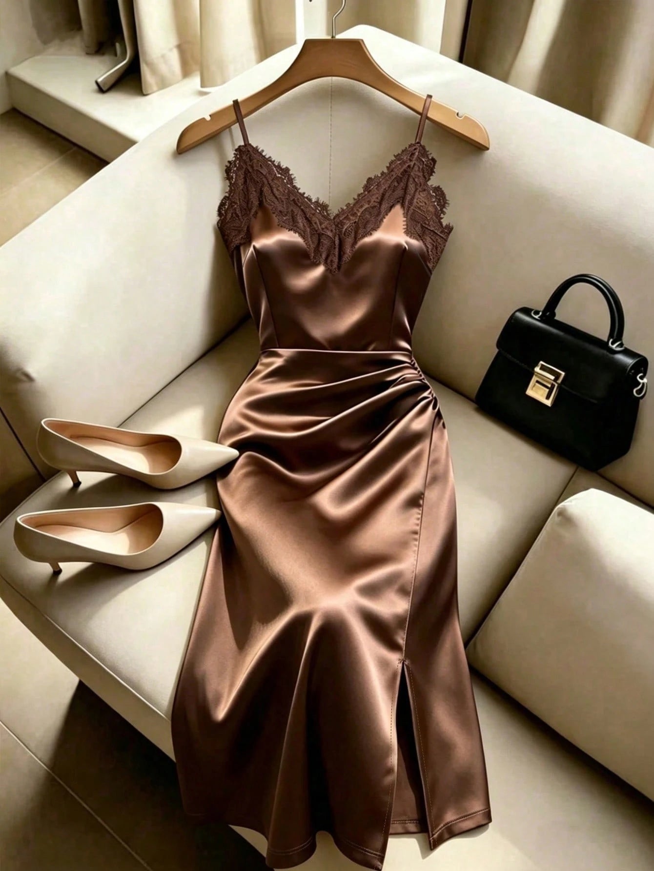 Franclia Women Summer Coffee Brown Lace Trim Satin Slip Dress,Seductive V-Neck Sleeveless Ruched Slit Midi Dresses For Party Night,Classy Elegant Formal Wear