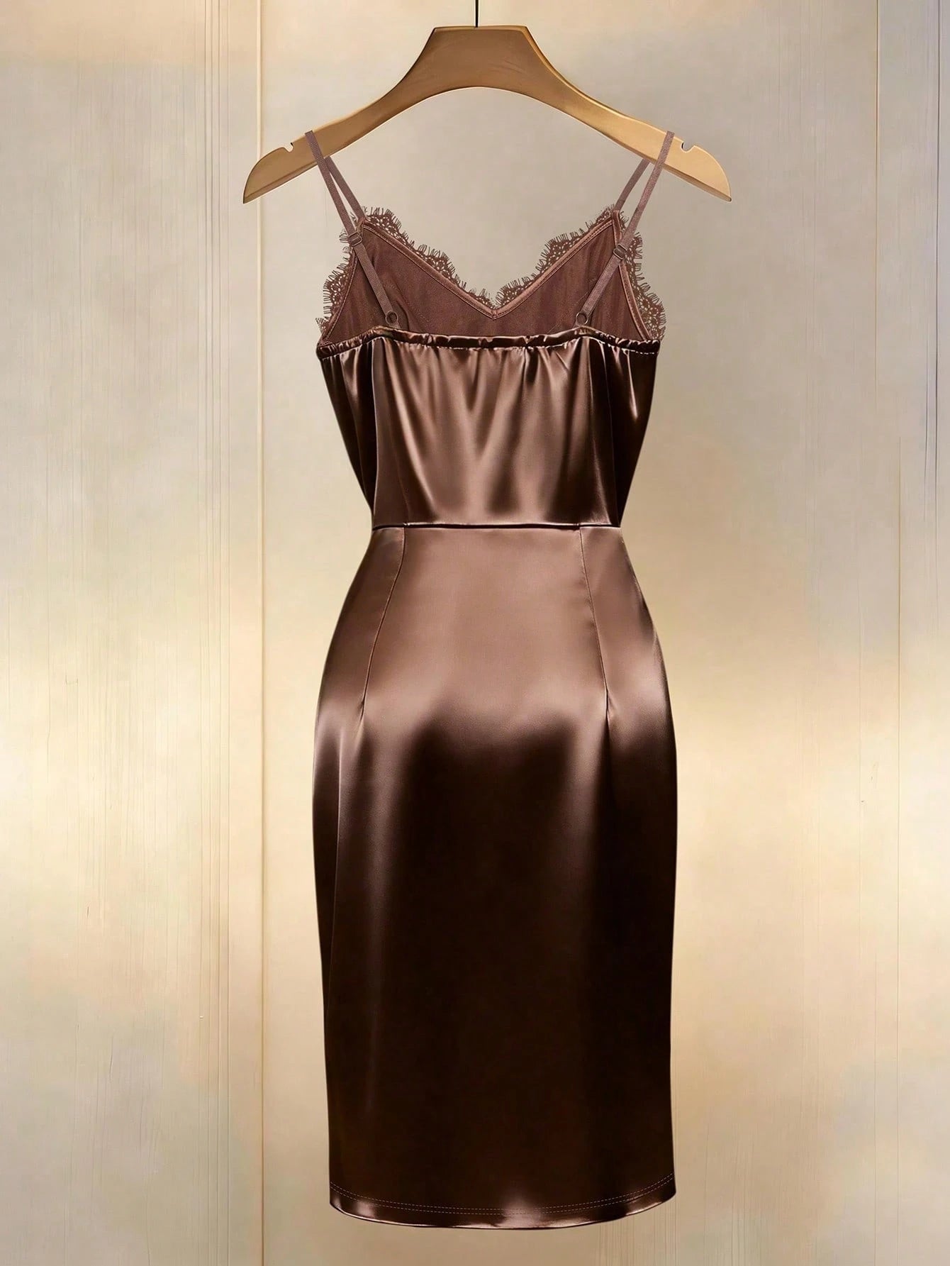Franclia Women Summer Coffee Brown Lace Trim Satin Slip Dress,Seductive V-Neck Sleeveless Ruched Slit Midi Dresses For Party Night,Classy Elegant Formal Wear