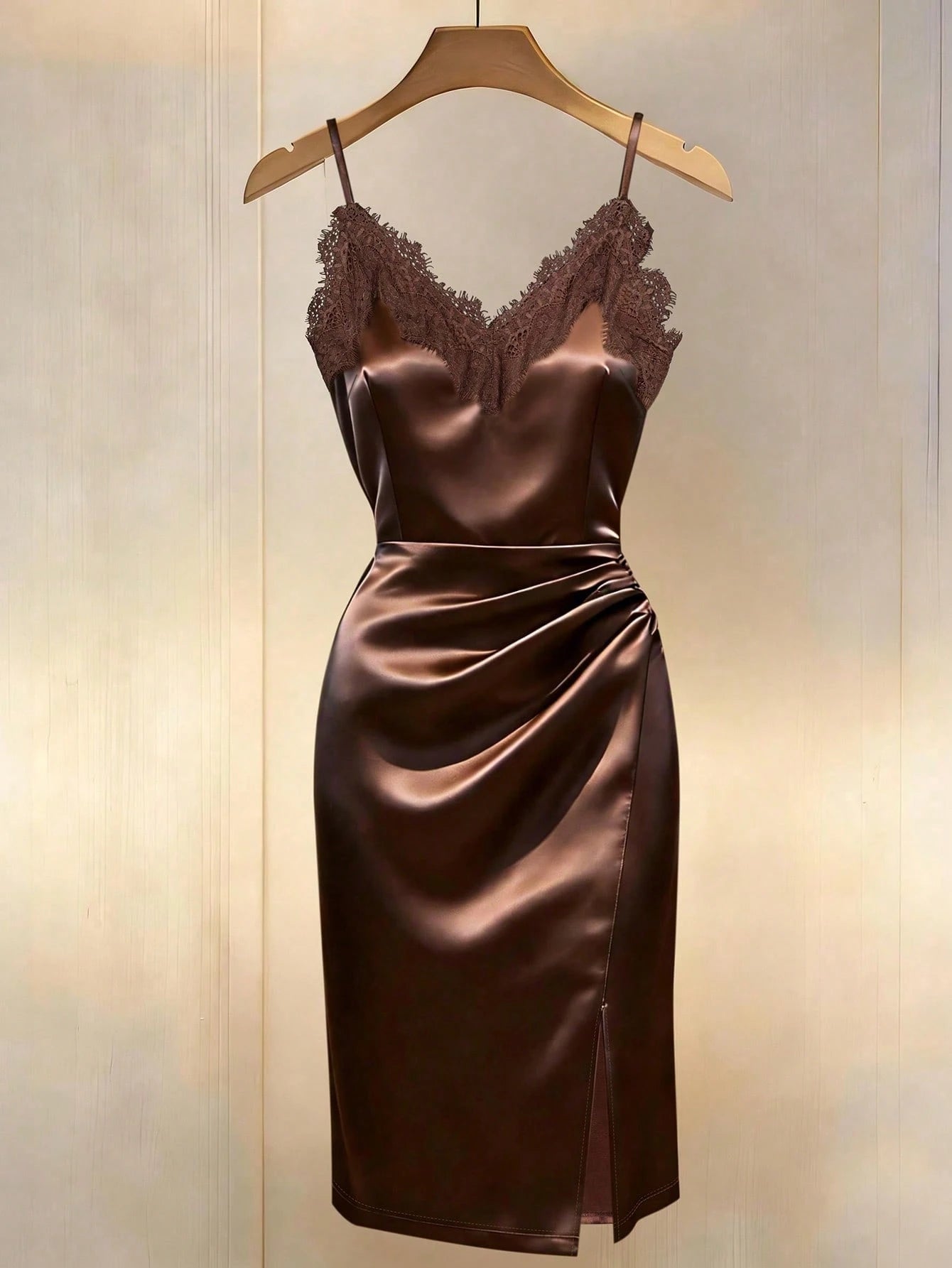 Franclia Women Summer Coffee Brown Lace Trim Satin Slip Dress,Seductive V-Neck Sleeveless Ruched Slit Midi Dresses For Party Night,Classy Elegant Formal Wear