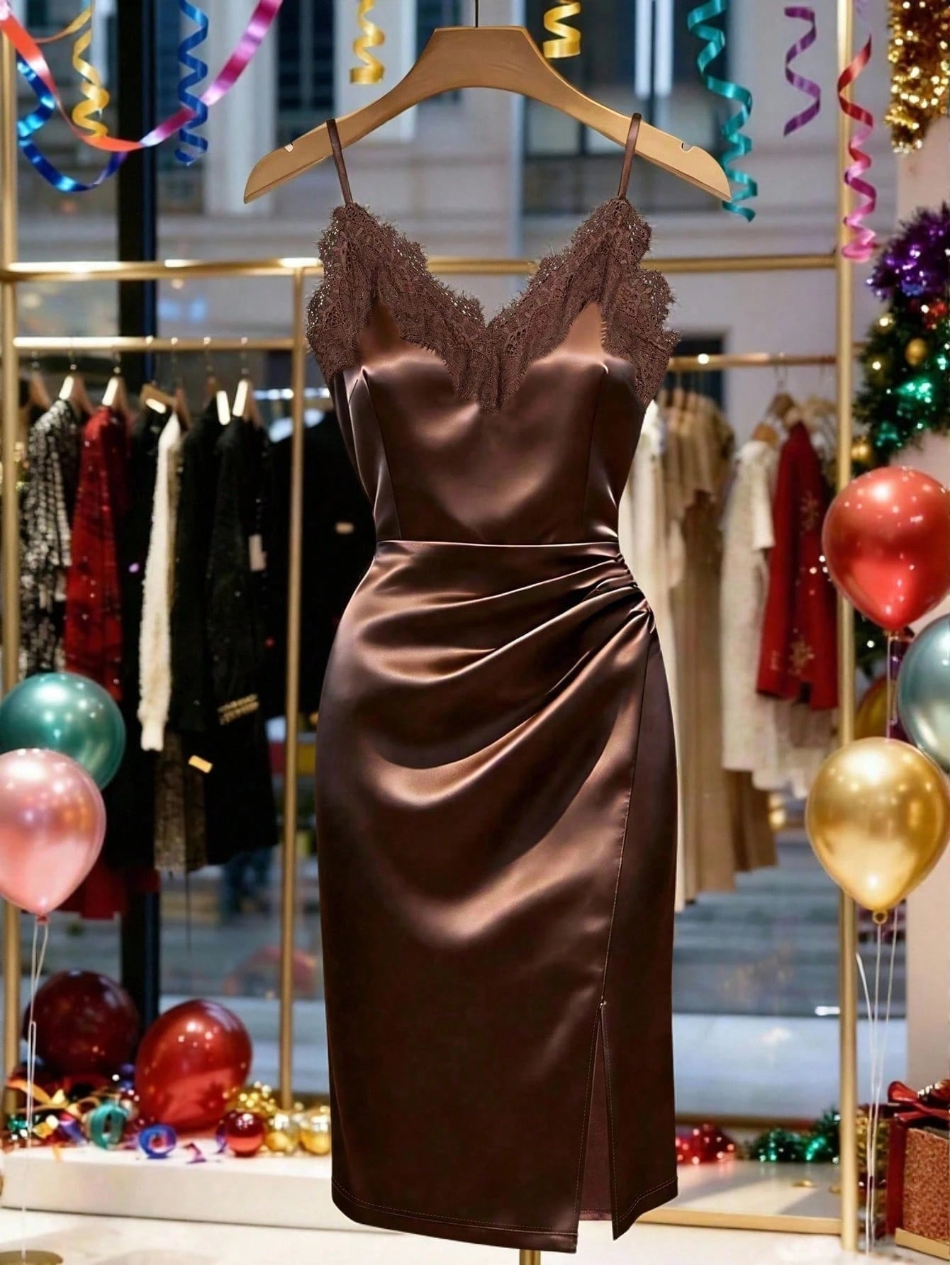 Franclia Women Summer Coffee Brown Lace Trim Satin Slip Dress,Seductive V-Neck Sleeveless Ruched Slit Midi Dresses For Party Night,Classy Elegant Formal Wear