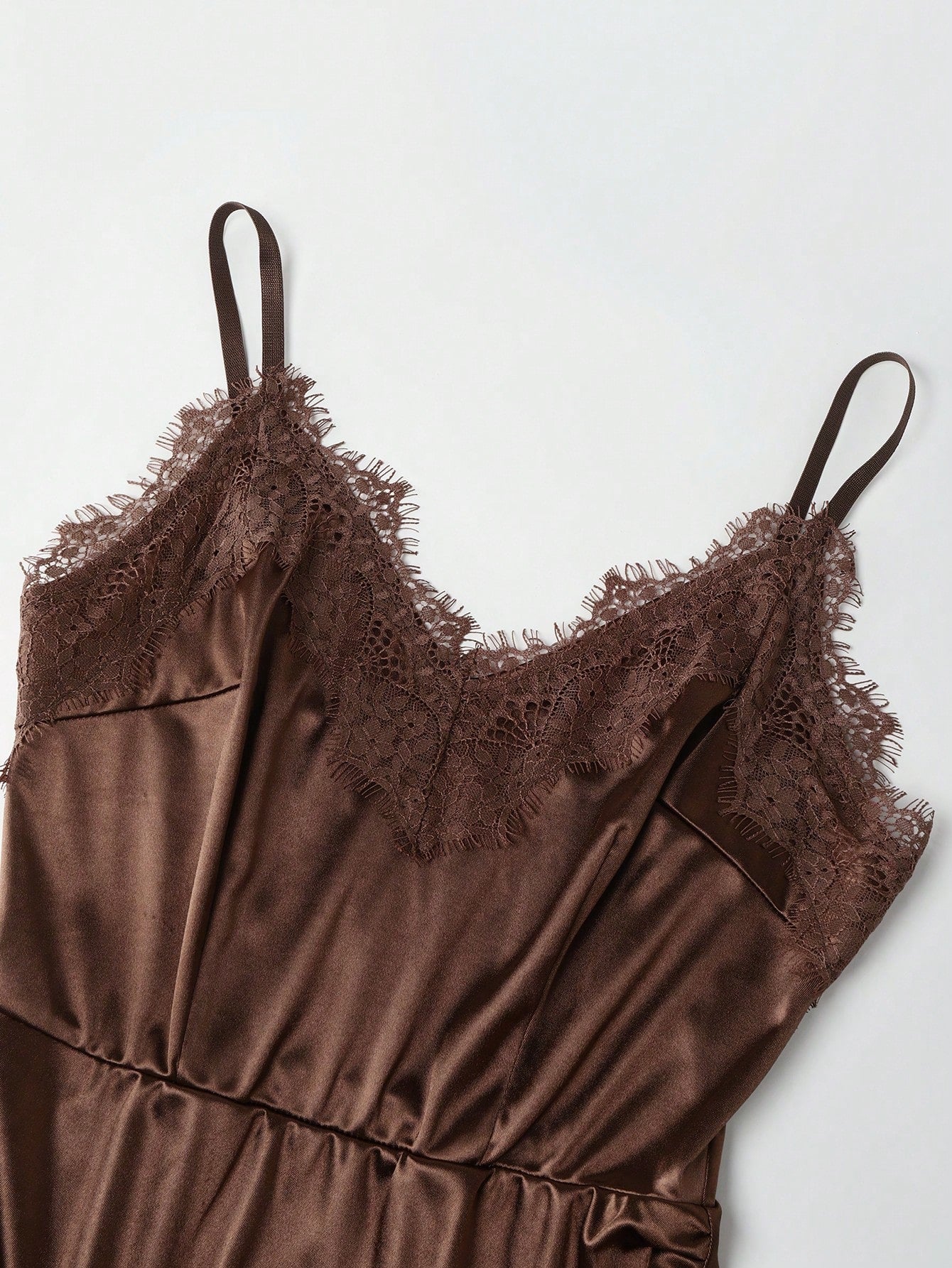 Franclia Women Summer Coffee Brown Lace Trim Satin Slip Dress,Seductive V-Neck Sleeveless Ruched Slit Midi Dresses For Party Night,Classy Elegant Formal Wear