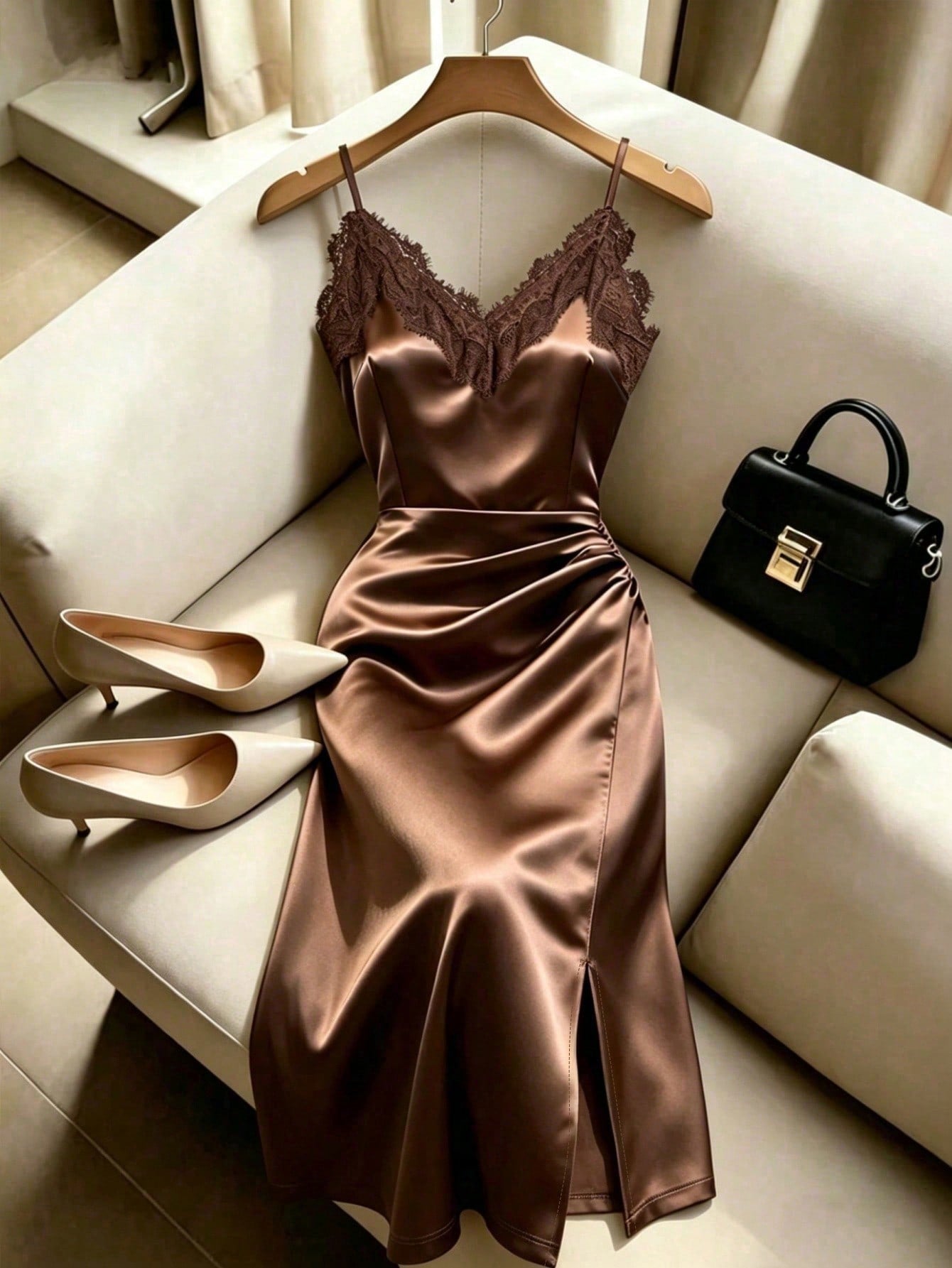 Franclia Women Summer Coffee Brown Lace Trim Satin Slip Dress,Seductive V-Neck Sleeveless Ruched Slit Midi Dresses For Party Night,Classy Elegant Formal Wear