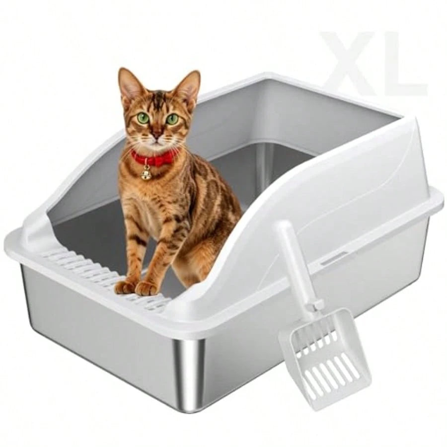 Free Shipping Stainless Steel Cat Litter Box, Extra Large XL Odor Free Metal Litter Box With High Sides Lid, Open Top Litter Pan Include Scoop Easy Cleaning Kitty Cat Box Anti-Urine Leakage, Non-Stick