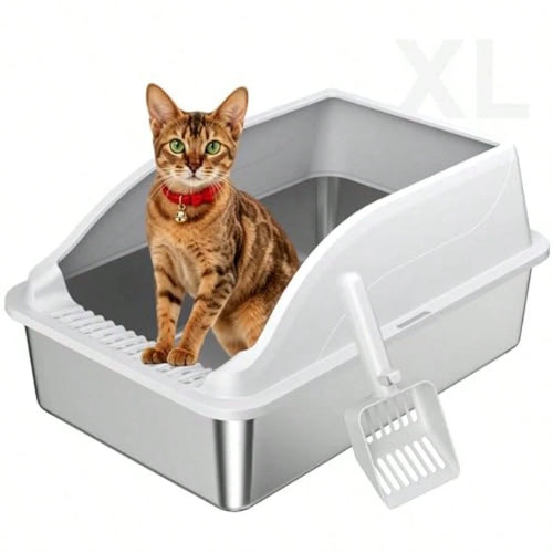 Free Shipping Stainless Steel Cat Litter Box, Extra Large XL Odor Free Metal Litter Box With High Sides Lid, Open Top Litter Pan Include Scoop Easy Cleaning Kitty Cat Box Anti-Urine Leakage, Non-Stick