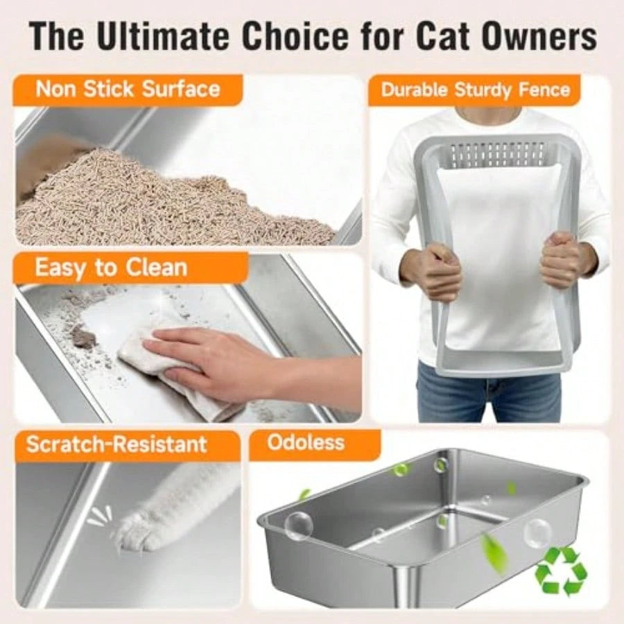 Free Shipping Stainless Steel Cat Litter Box, Extra Large XL Odor Free Metal Litter Box With High Sides Lid, Open Top Litter Pan Include Scoop Easy Cleaning Kitty Cat Box Anti-Urine Leakage, Non-Stick