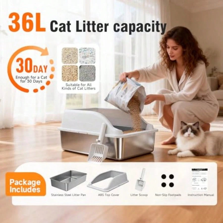 Free Shipping Stainless Steel Cat Litter Box, Extra Large XL Odor Free Metal Litter Box With High Sides Lid, Open Top Litter Pan Include Scoop Easy Cleaning Kitty Cat Box Anti-Urine Leakage, Non-Stick