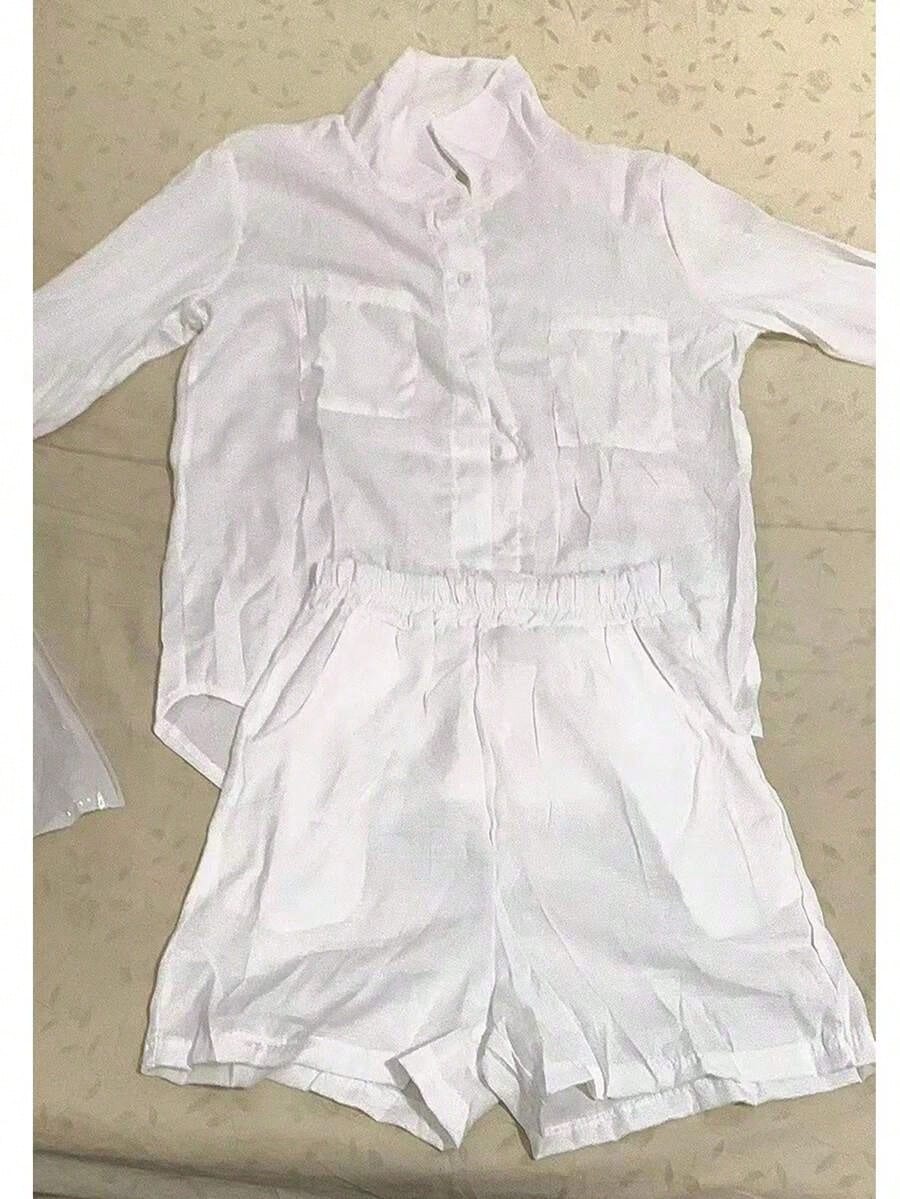 (Free Shipping)Women'S Casual White Linen Two-Piece Set: Collared Shirt And Loose Shorts, Suitable For Commuting