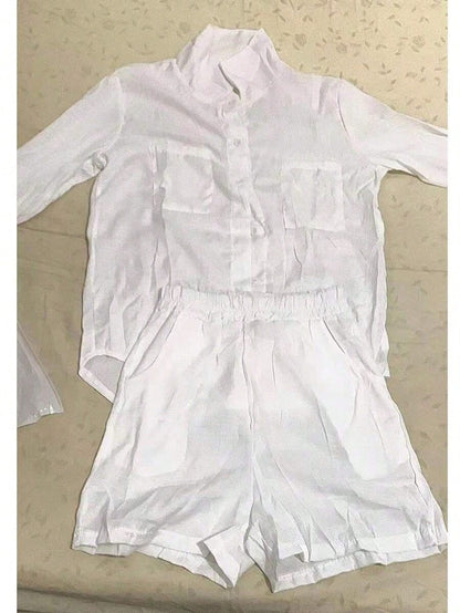 (Free Shipping)Women'S Casual White Linen Two-Piece Set: Collared Shirt And Loose Shorts, Suitable For Commuting