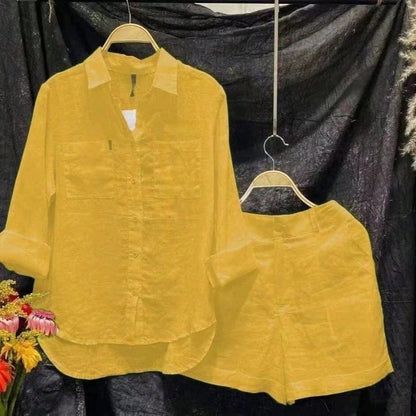 (Free Shipping)Women'S Casual White Linen Two-Piece Set: Collared Shirt And Loose Shorts, Suitable For Commuting