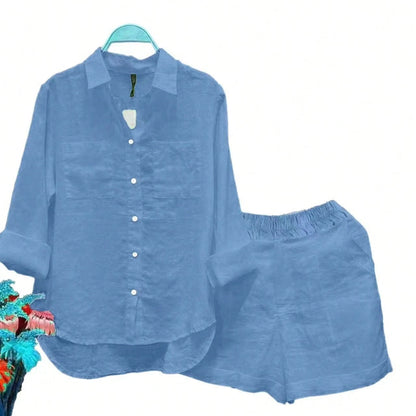 (Free Shipping)Women'S Casual White Linen Two-Piece Set: Collared Shirt And Loose Shorts, Suitable For Commuting