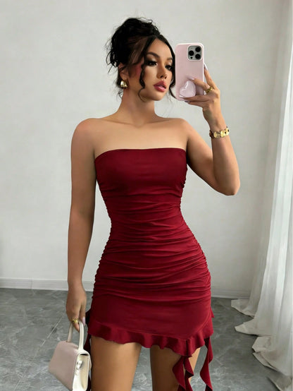 French Elegant Fitted Solid Color Dress, Asymmetrical Hem With Ribbon Design, Suitable For Party, Vacation, Music Festival, Christmas Summer