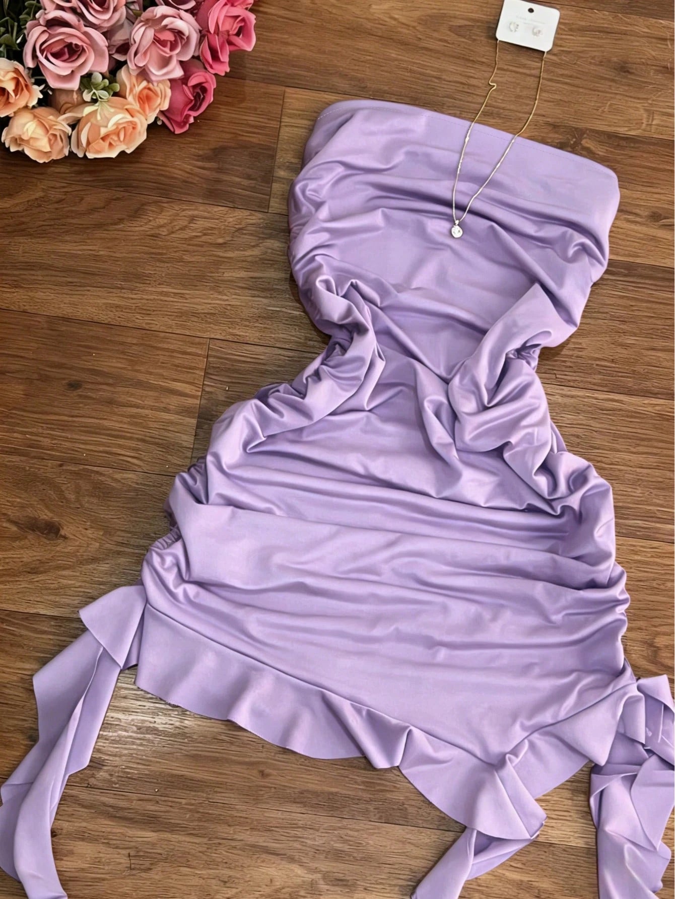 French Elegant Fitted Solid Color Dress, Asymmetrical Hem With Ribbon Design, Suitable For Party, Vacation, Music Festival, Christmas Summer