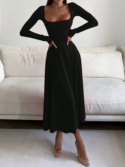 French Elegant Waist-Cinching High-Waisted Fitted Elegant Spaghetti Strap Square Neck Solid Color A-Line Midi Dress For Women Black