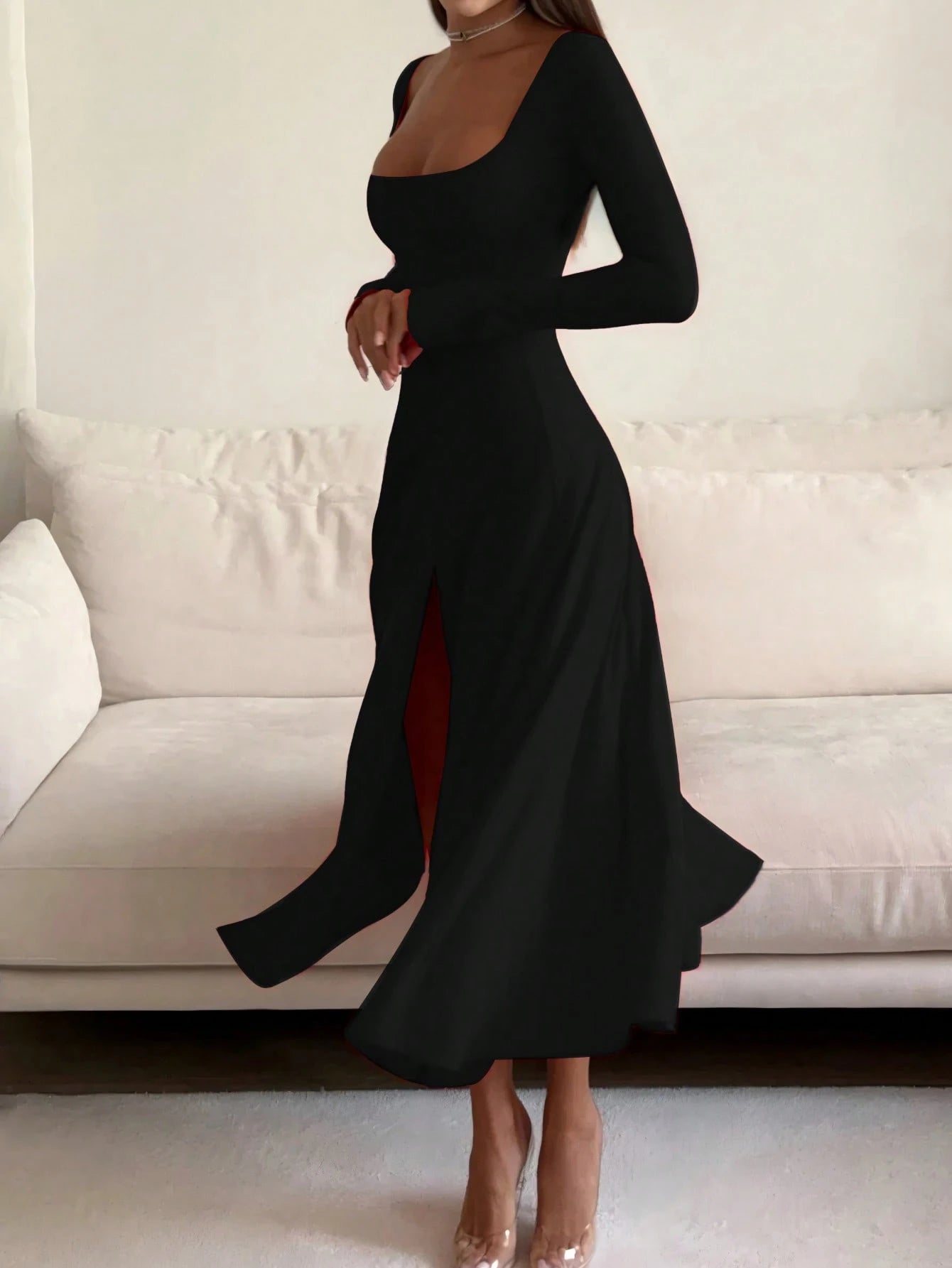 French Elegant Waist-Cinching High-Waisted Fitted Elegant Spaghetti Strap Square Neck Solid Color A-Line Midi Dress For Women Black