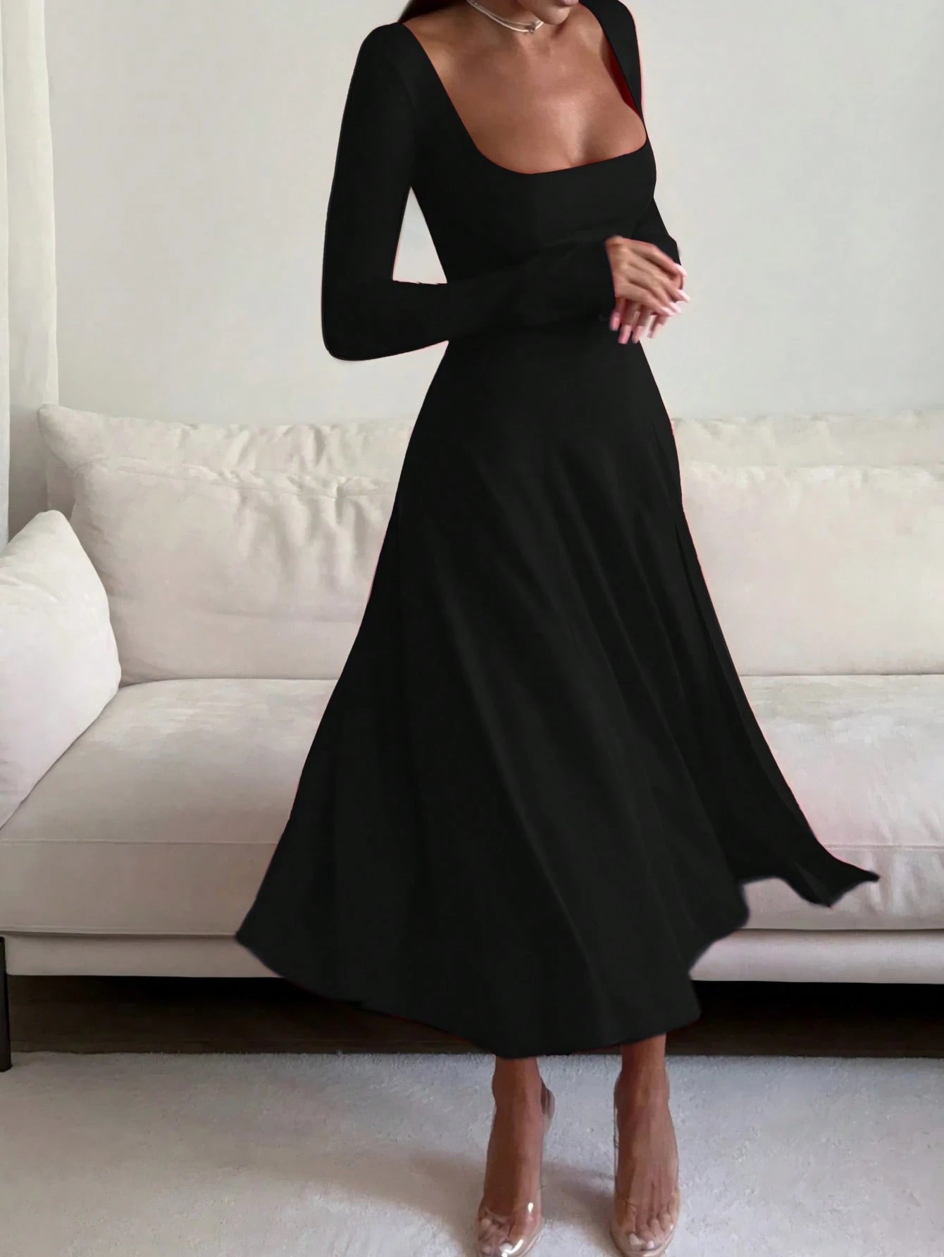 French Elegant Waist-Cinching High-Waisted Fitted Elegant Spaghetti Strap Square Neck Solid Color A-Line Midi Dress For Women Black