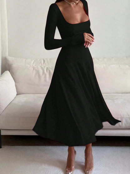 French Elegant Waist-Cinching High-Waisted Fitted Elegant Spaghetti Strap Square Neck Solid Color A-Line Midi Dress For Women Black