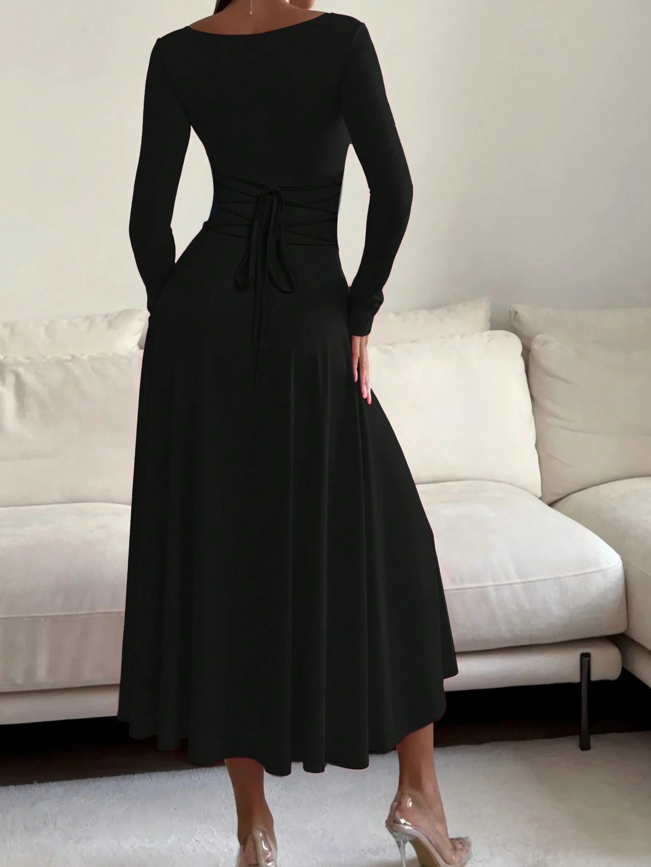 French Elegant Waist-Cinching High-Waisted Fitted Elegant Spaghetti Strap Square Neck Solid Color A-Line Midi Dress For Women Black
