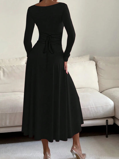 French Elegant Waist-Cinching High-Waisted Fitted Elegant Spaghetti Strap Square Neck Solid Color A-Line Midi Dress For Women Black
