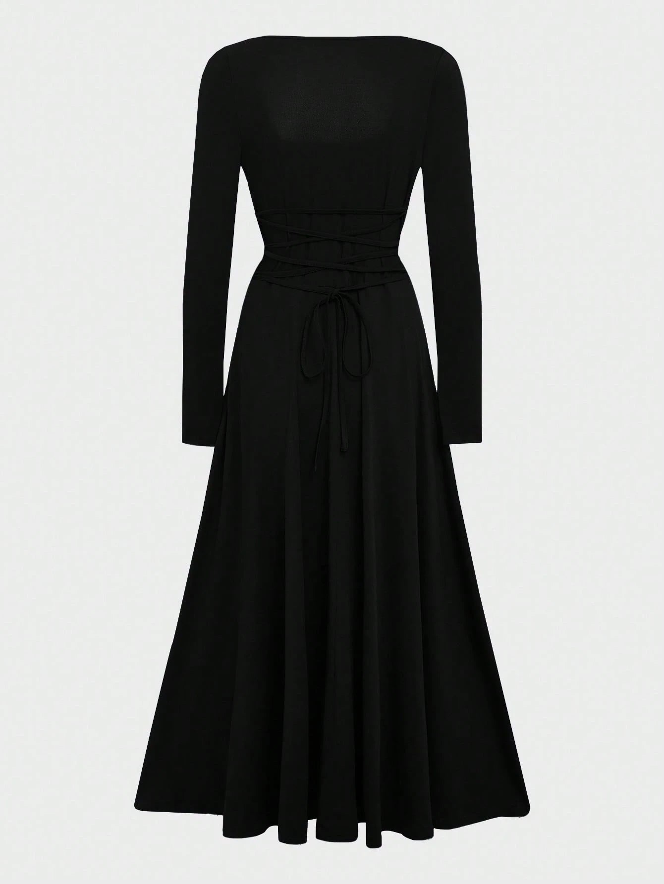 French Elegant Waist-Cinching High-Waisted Fitted Elegant Spaghetti Strap Square Neck Solid Color A-Line Midi Dress For Women Black