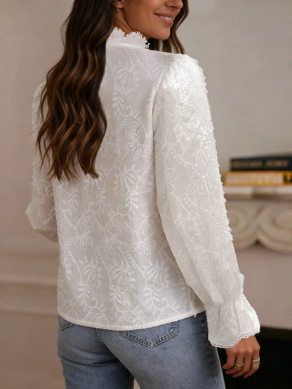 French Fitted Elegant Versatile Blouse, Solid Color Lace Collar, Floral Embroidery, Long Sleeve Shirt For Daily Wear White