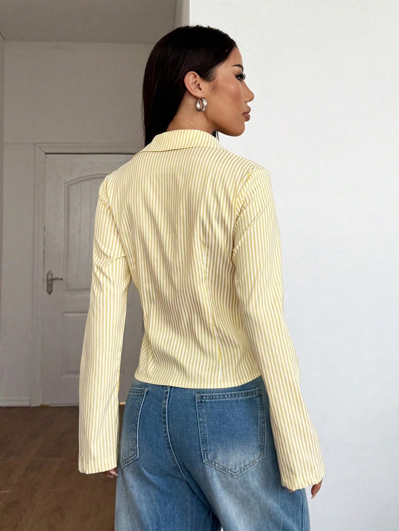 French Style Slim Fit Long Sleeve Blue & White Striped Elegant Commuter Woman Shirt Fall Cloth For Women