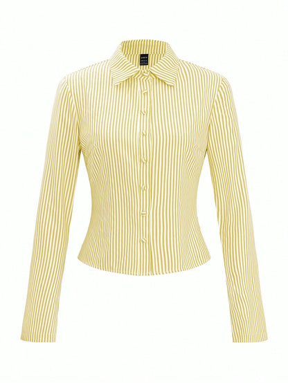 French Style Slim Fit Long Sleeve Blue & White Striped Elegant Commuter Woman Shirt Fall Cloth For Women