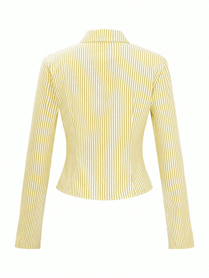 French Style Slim Fit Long Sleeve Blue & White Striped Elegant Commuter Woman Shirt Fall Cloth For Women
