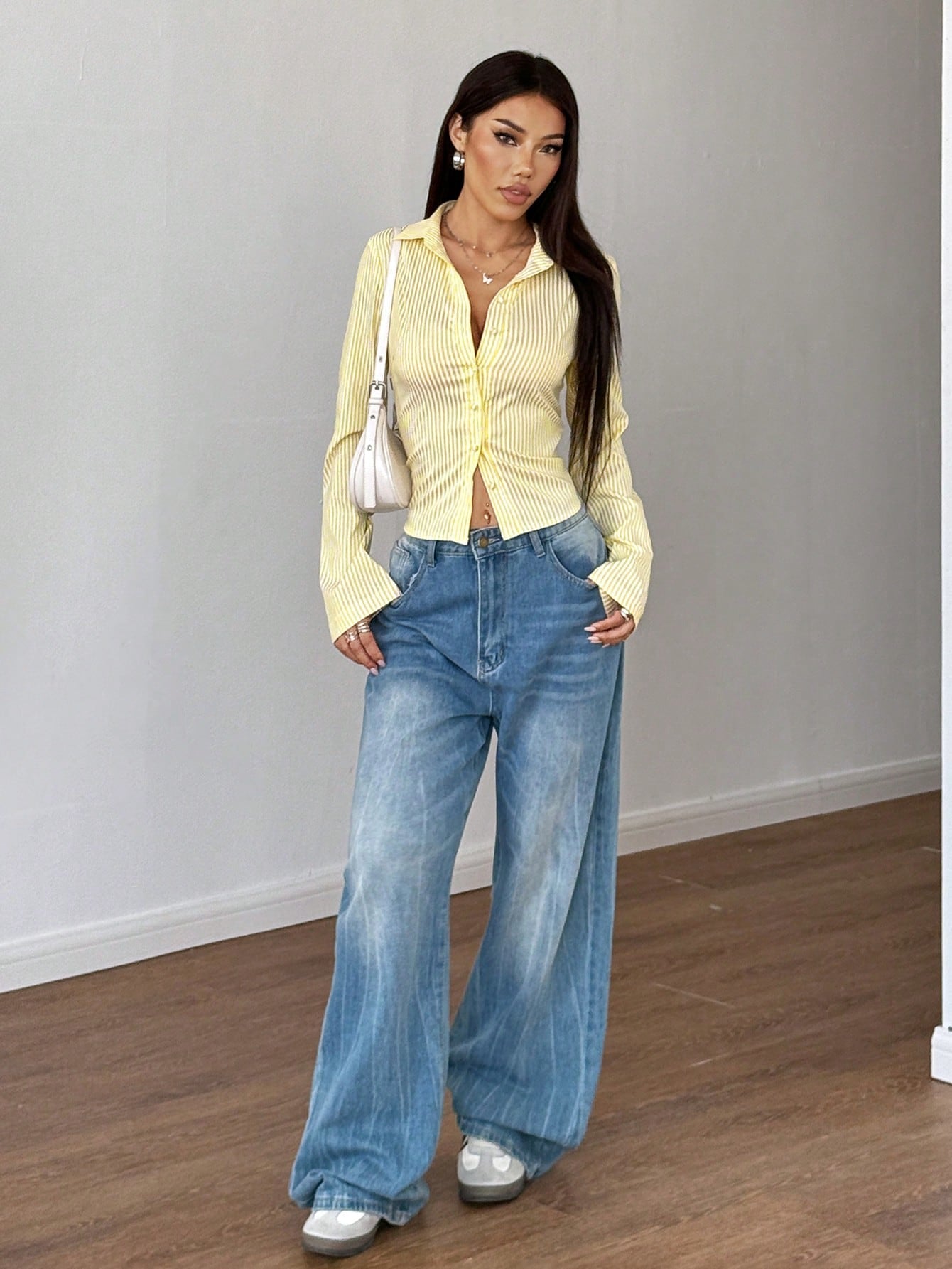 French Style Slim Fit Long Sleeve Blue & White Striped Elegant Commuter Woman Shirt Fall Cloth For Women
