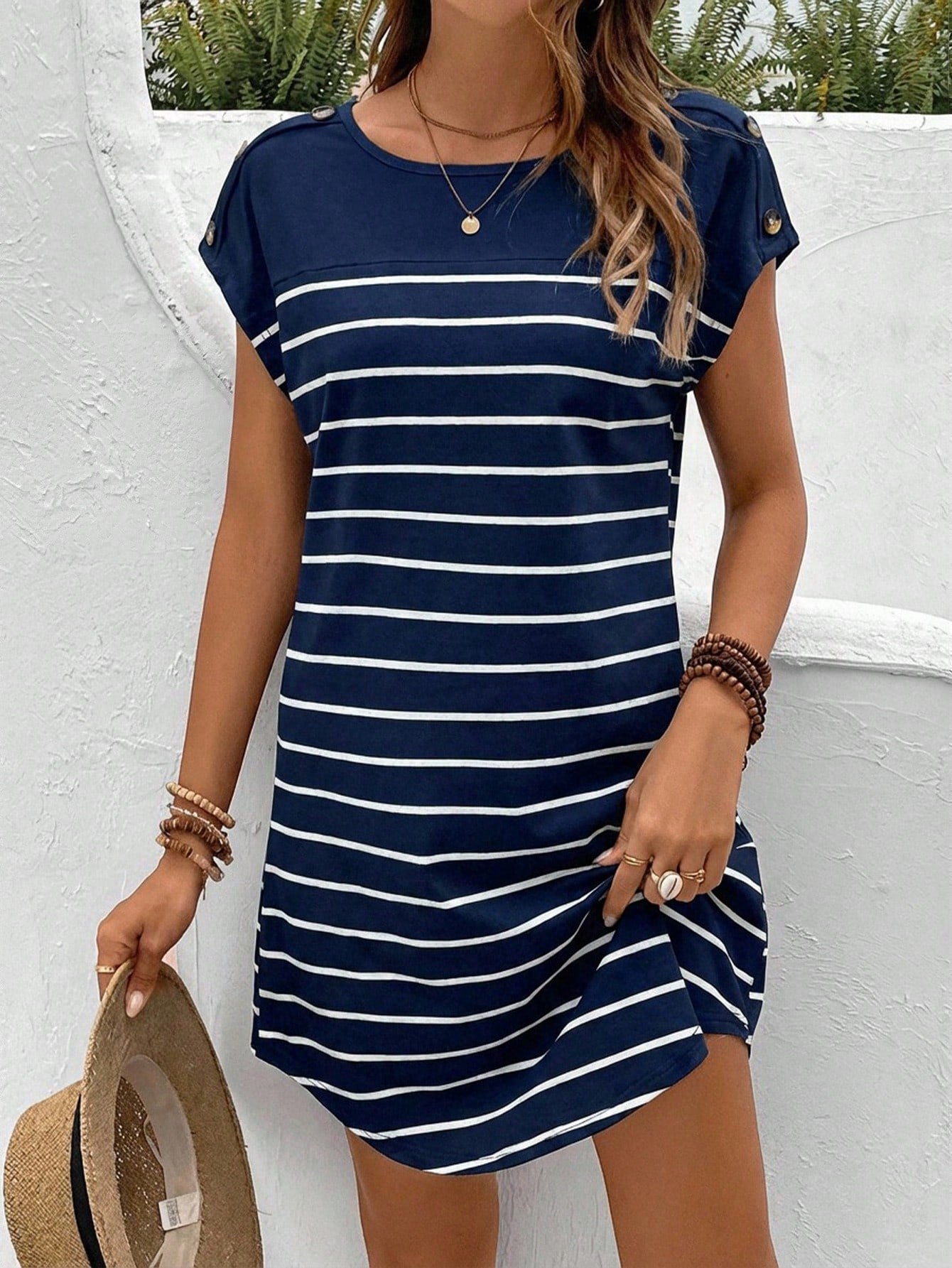 Frenchy Striped Print Botton Short Batwing Sleeve Tee Dress,Summer Dresses For Women