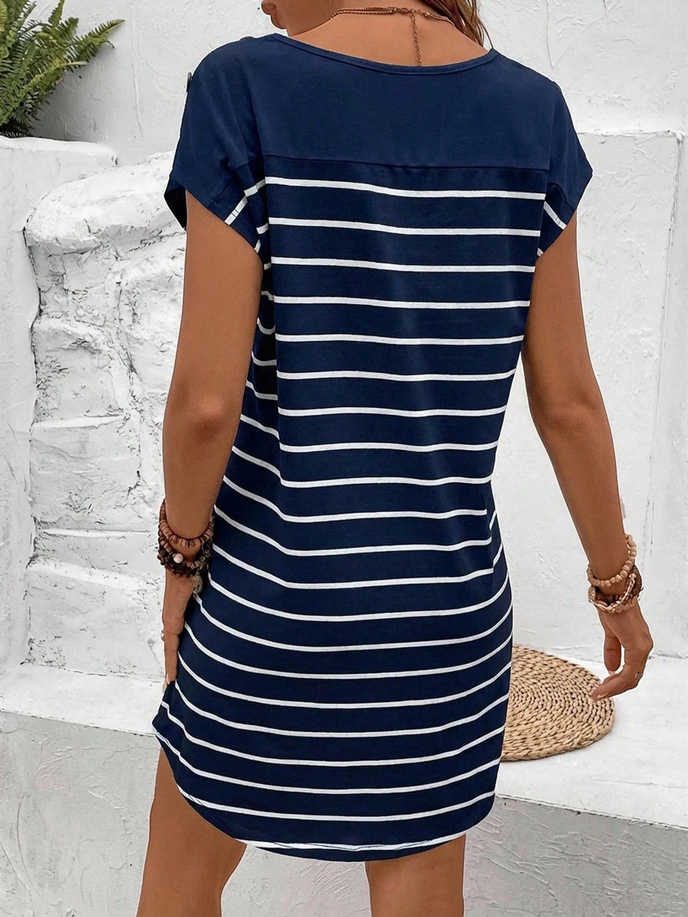 Frenchy Striped Print Botton Short Batwing Sleeve Tee Dress,Summer Dresses For Women
