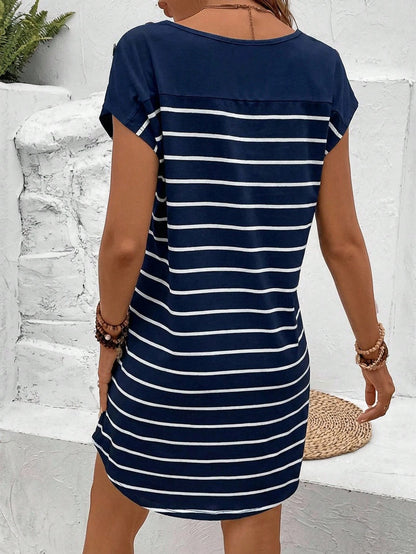Frenchy Striped Print Botton Short Batwing Sleeve Tee Dress,Summer Dresses For Women