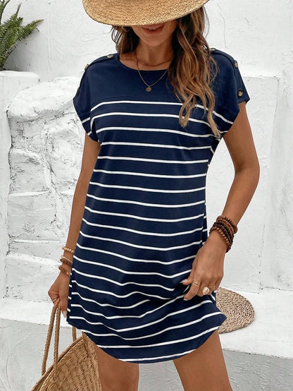 Frenchy Striped Print Botton Short Batwing Sleeve Tee Dress,Summer Dresses For Women