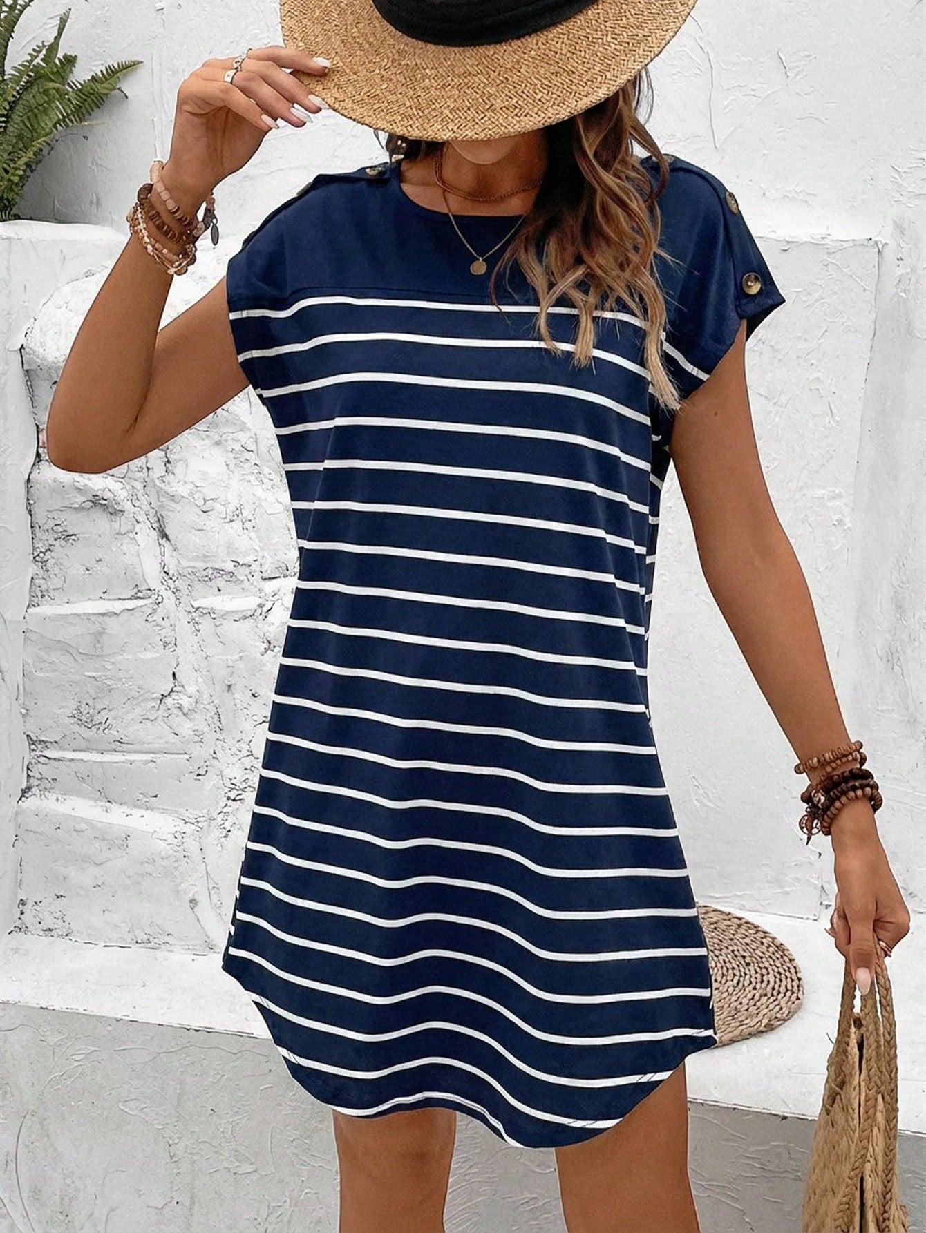Frenchy Striped Print Botton Short Batwing Sleeve Tee Dress,Summer Dresses For Women
