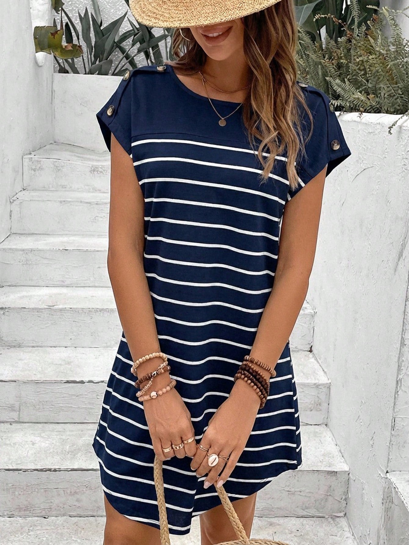 Frenchy Striped Print Botton Short Batwing Sleeve Tee Dress,Summer Dresses For Women