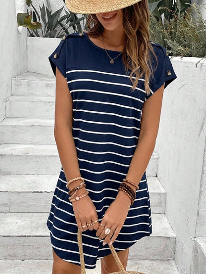 Frenchy Striped Print Botton Short Batwing Sleeve Tee Dress,Summer Dresses For Women