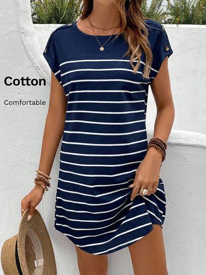 Frenchy Striped Print Botton Short Batwing Sleeve Tee Dress,Summer Dresses For Women