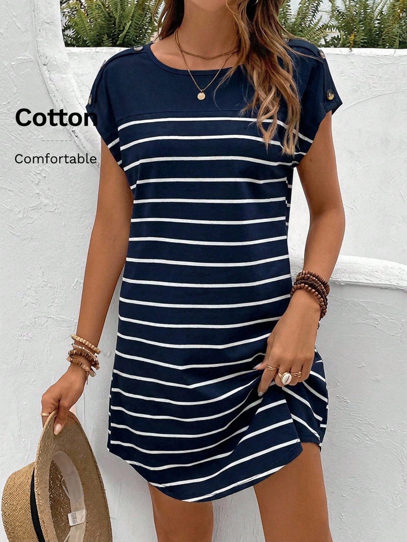Frenchy Striped Print Botton Short Batwing Sleeve Tee Dress,Summer Dresses For Women