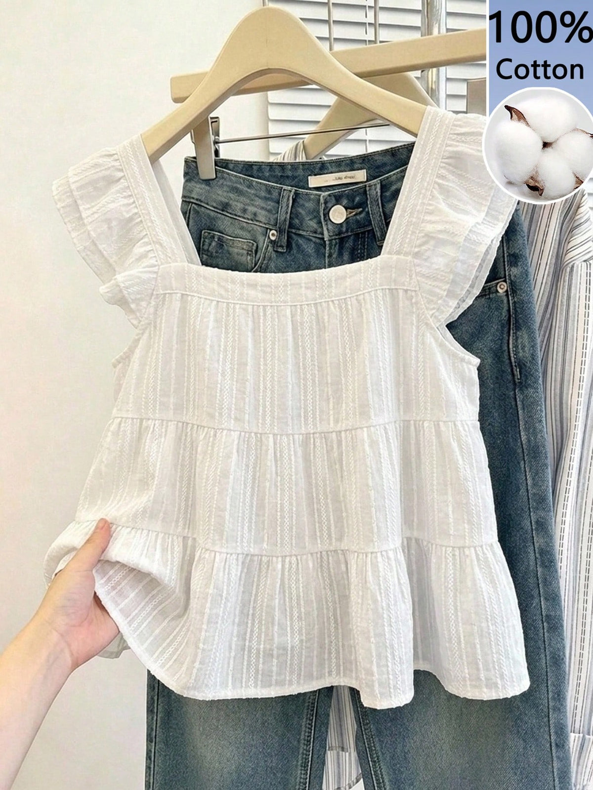 Frenchy Women's Textured Stripe Shirt- Off-White, White/Silver, Lightweight Summer Casual Boho Brunch Vacation Elegant