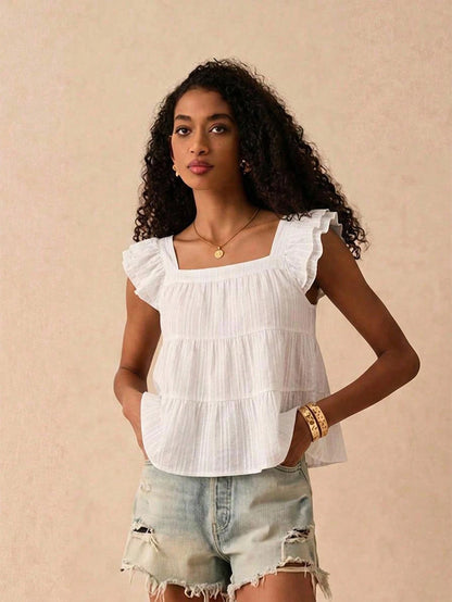 Frenchy Women's Textured Stripe Shirt- Off-White, White/Silver, Lightweight Summer Casual Boho Brunch Vacation Elegant