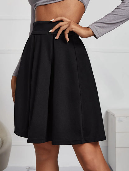 Frenchy Zipper Side Solid Pleated Skirt,Ladies Casual Zipper Short Loose High Waist Black Plain Women Skirts,Spring/Summer,Casual Daily Wear